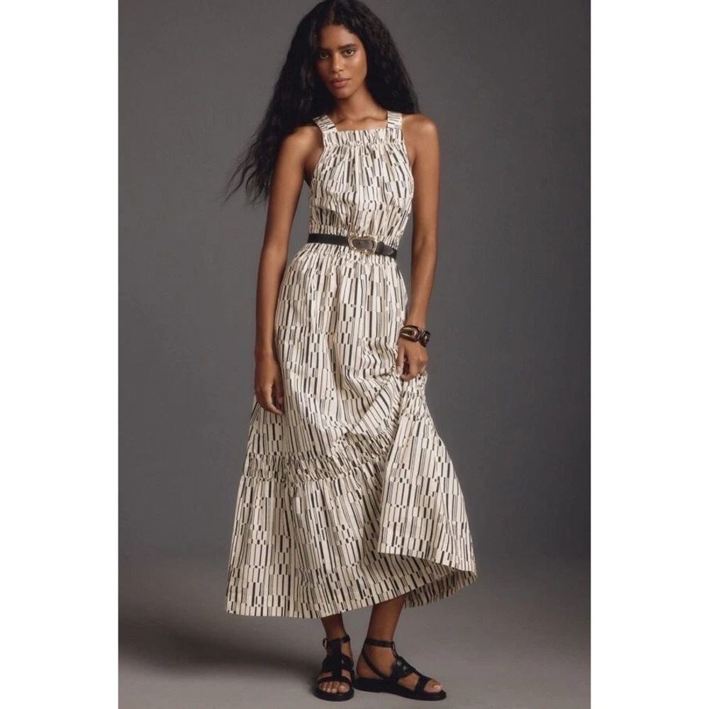 Anthropologie Somerset Maxi Dress MP Poplin Halter White Cotton Smocked Tiered